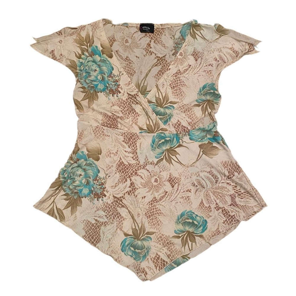Y2K Celeste Mode Women’s Cream V Neck Floral Fairy Flowy Short Sleeve Shirt S/M